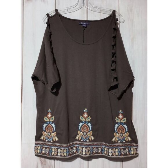 Roamans Shirt Ladies Large Brown Bohemian Cut Out Shoulder Short Sleeve Round Ne - Picture 1 of 8
